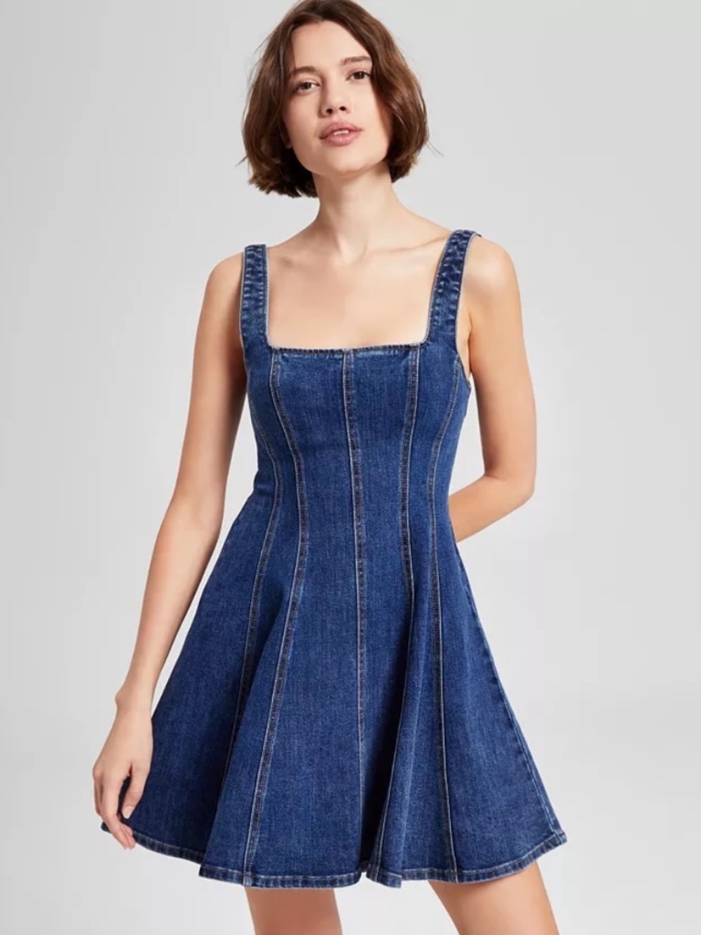 Denim Fit & Flare Mini Dress Square Neck Dark Wash